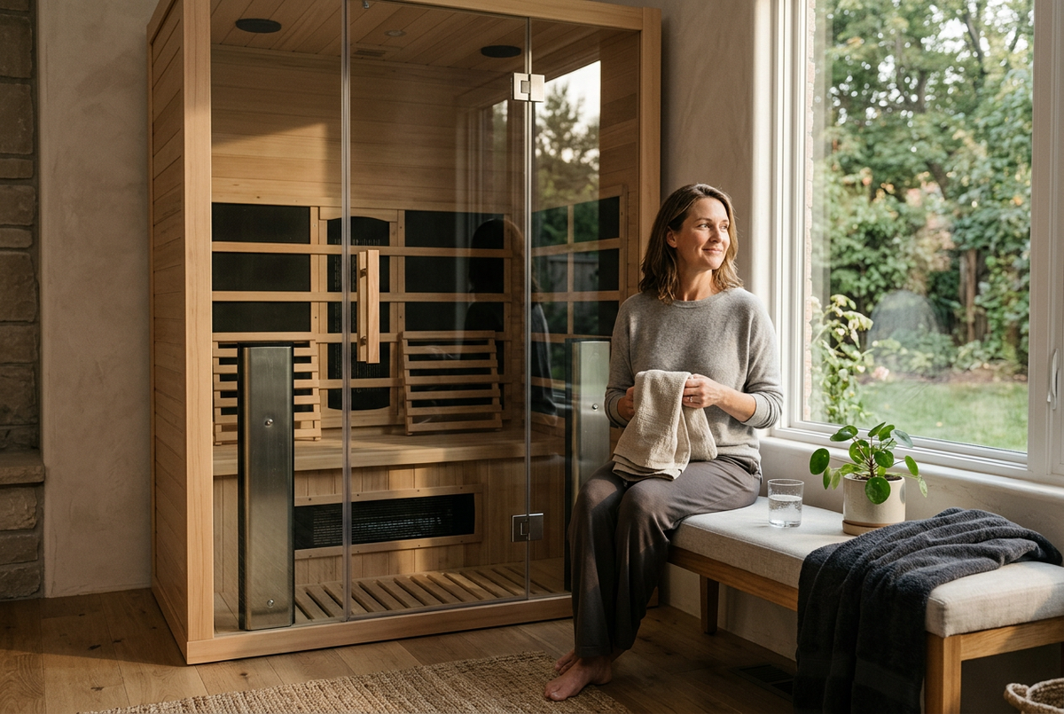 Woman enjoying a peaceful moment beside a natural wood sauna