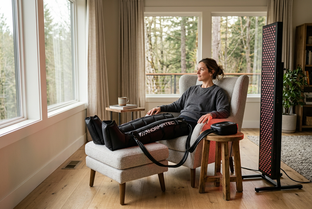 Woman relaxing with compression boots beside a red light therapy panel